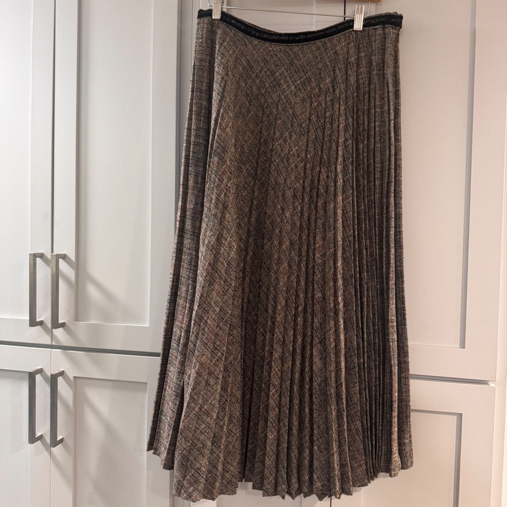 Richard Malcolm Brown Tweed Plaid Accordion Pleated Midi Skirt Wool Blend Sz 14